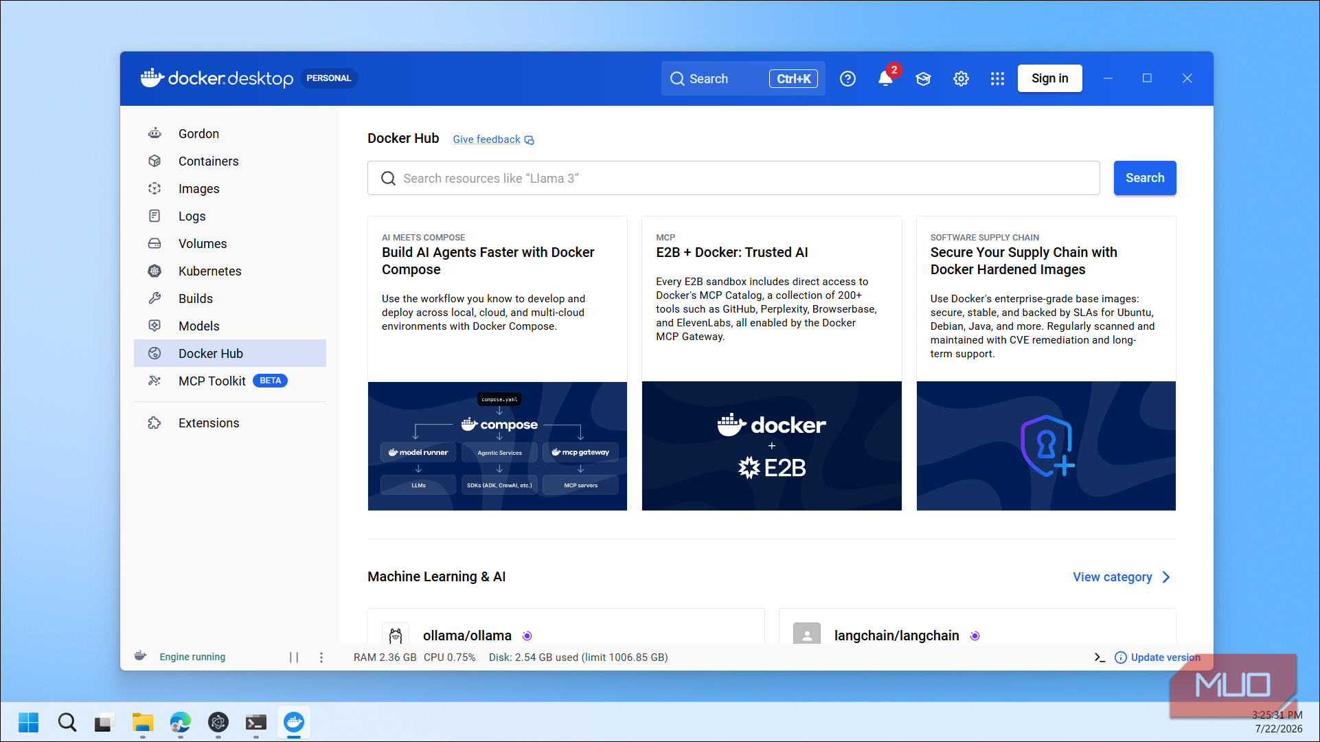 Docker Desktop Hub Interface Showing Ai Resources