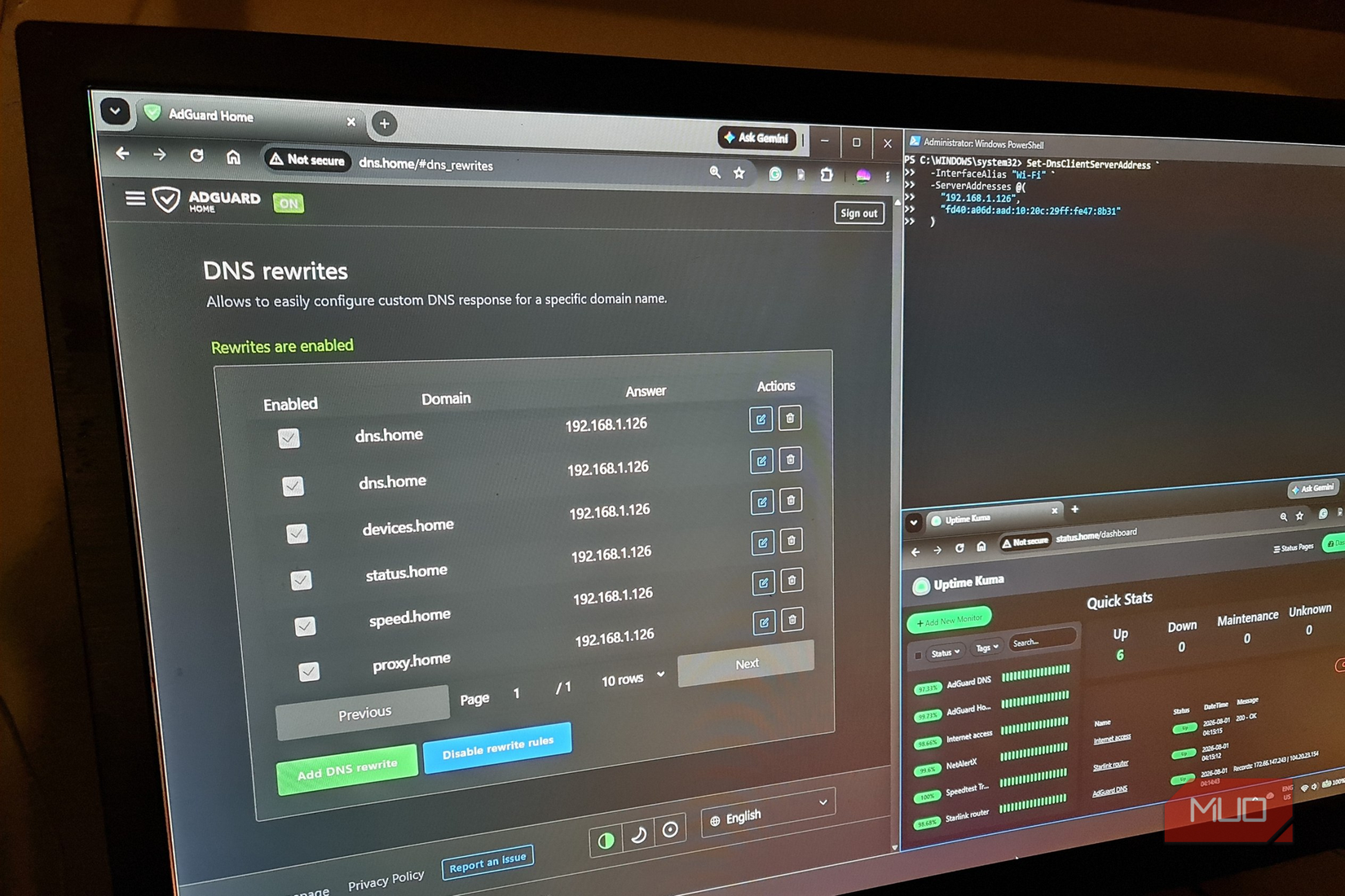 AdGuard Home DNS re-writes for home network services and Kuma Uptime
