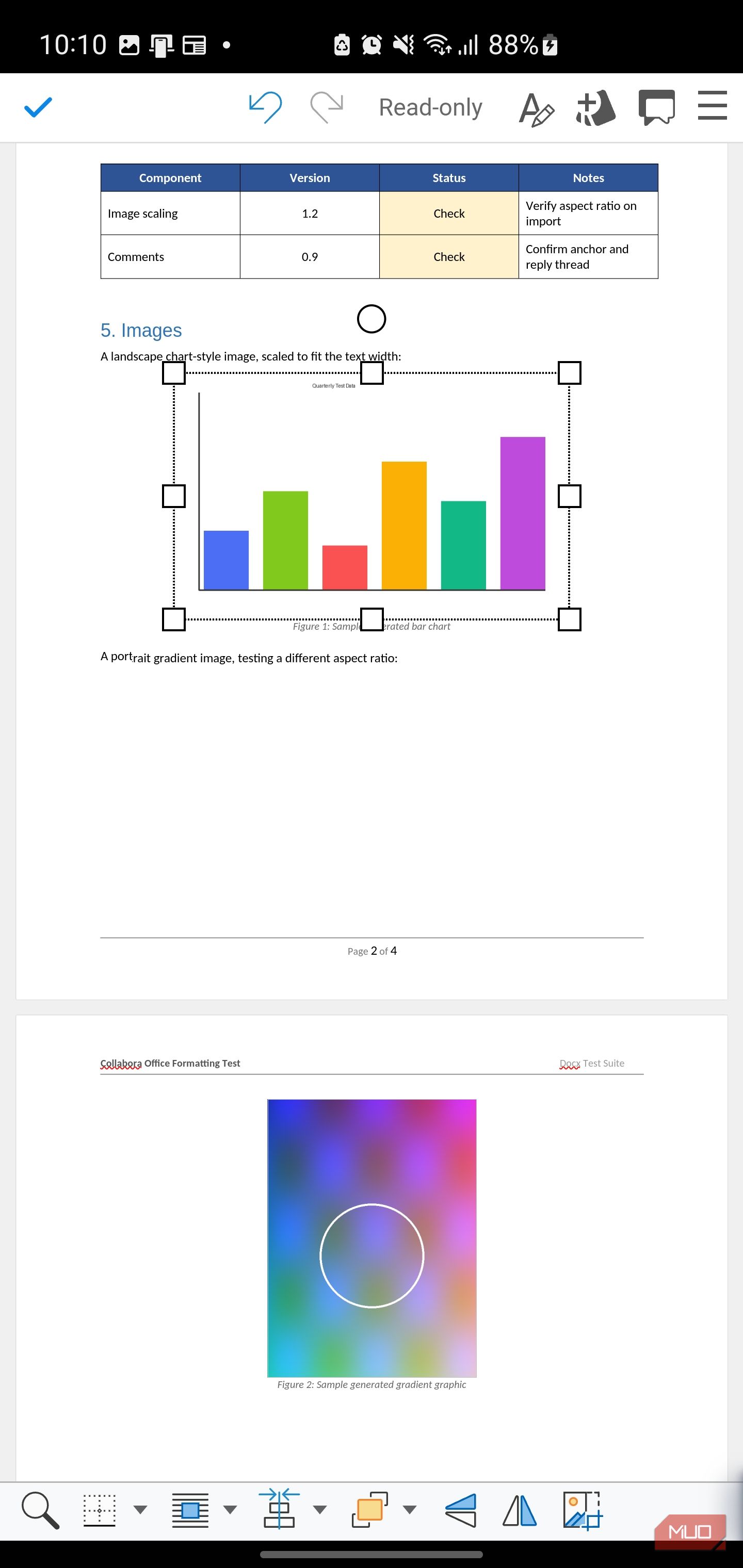 Document editing app showing a test chart
