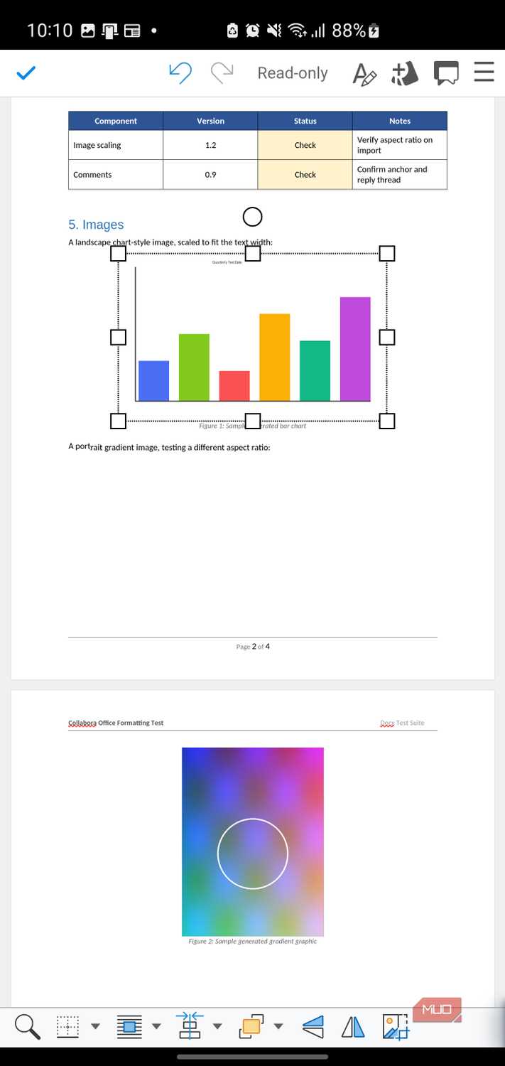 Document editing app showing a test chart