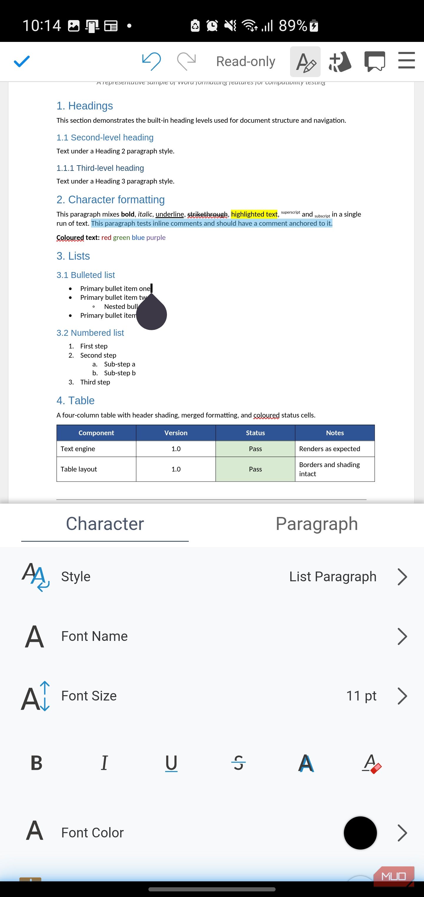 Document editing app showing character formatting options
