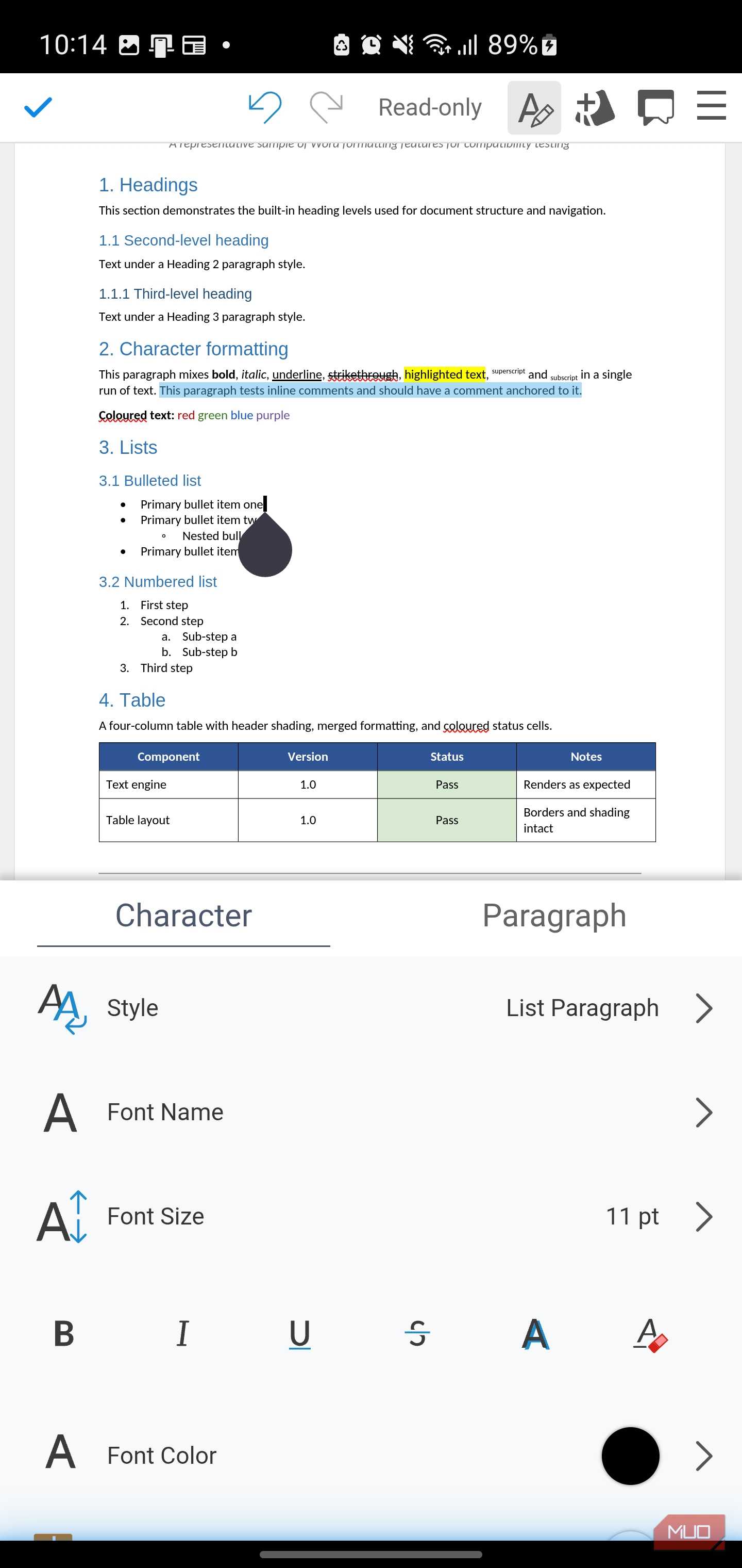 Document editing app showing character formatting options