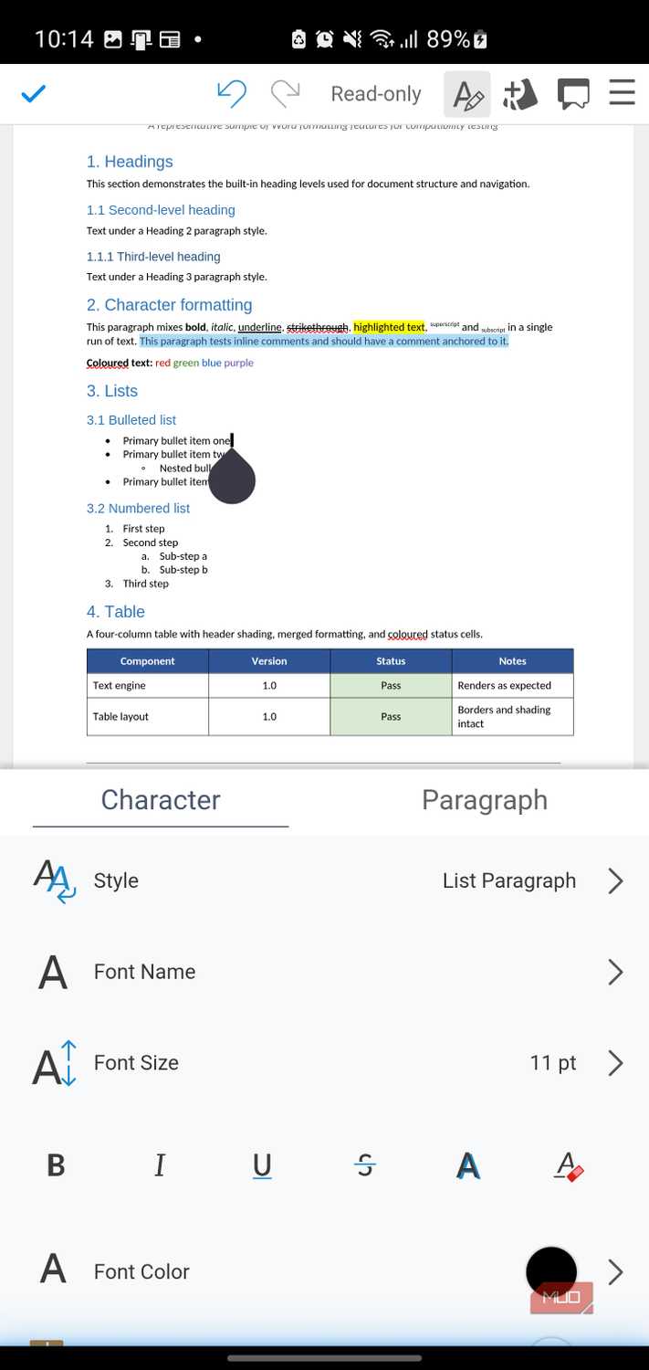 Document editing app showing character formatting options