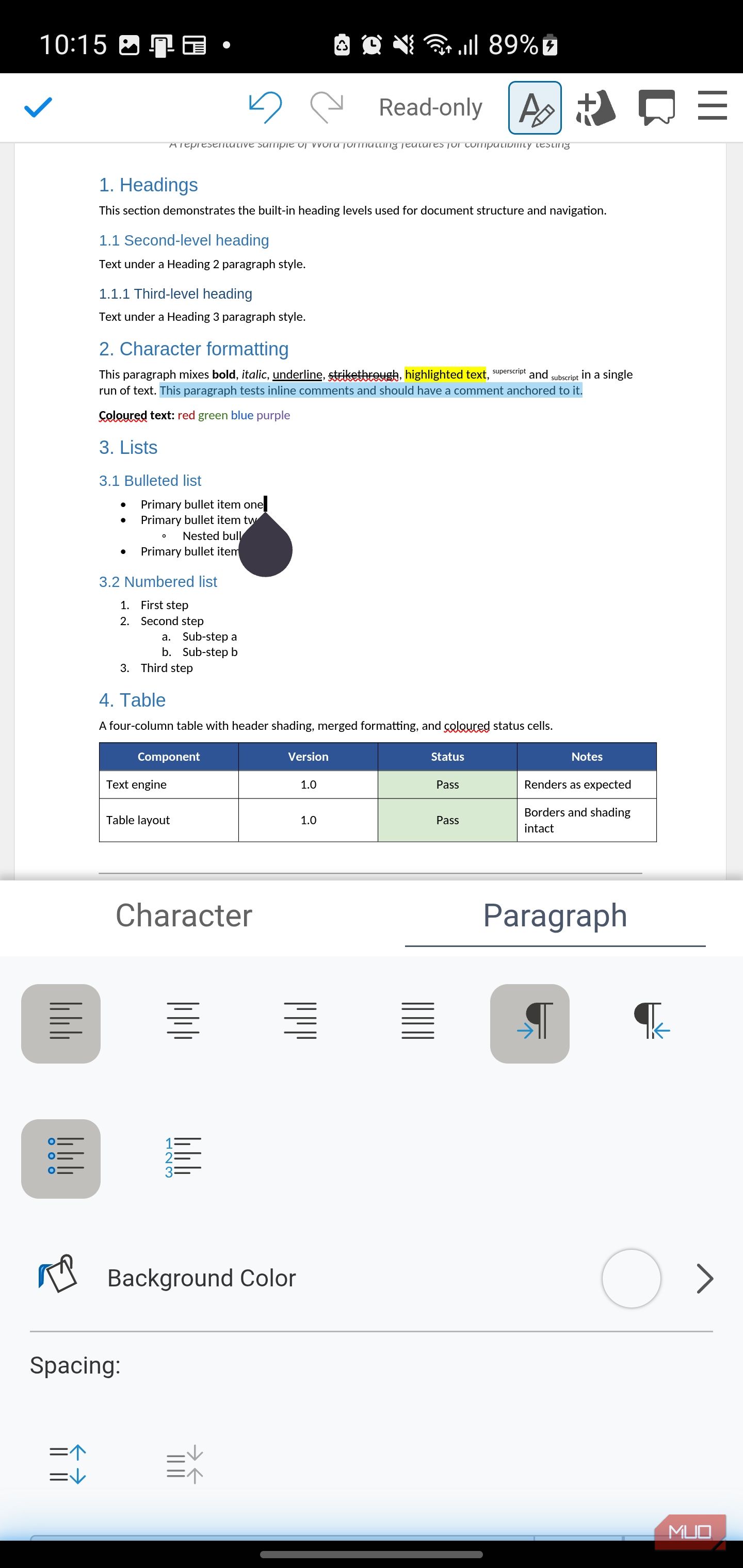 Document formatting and paragraph settings interface