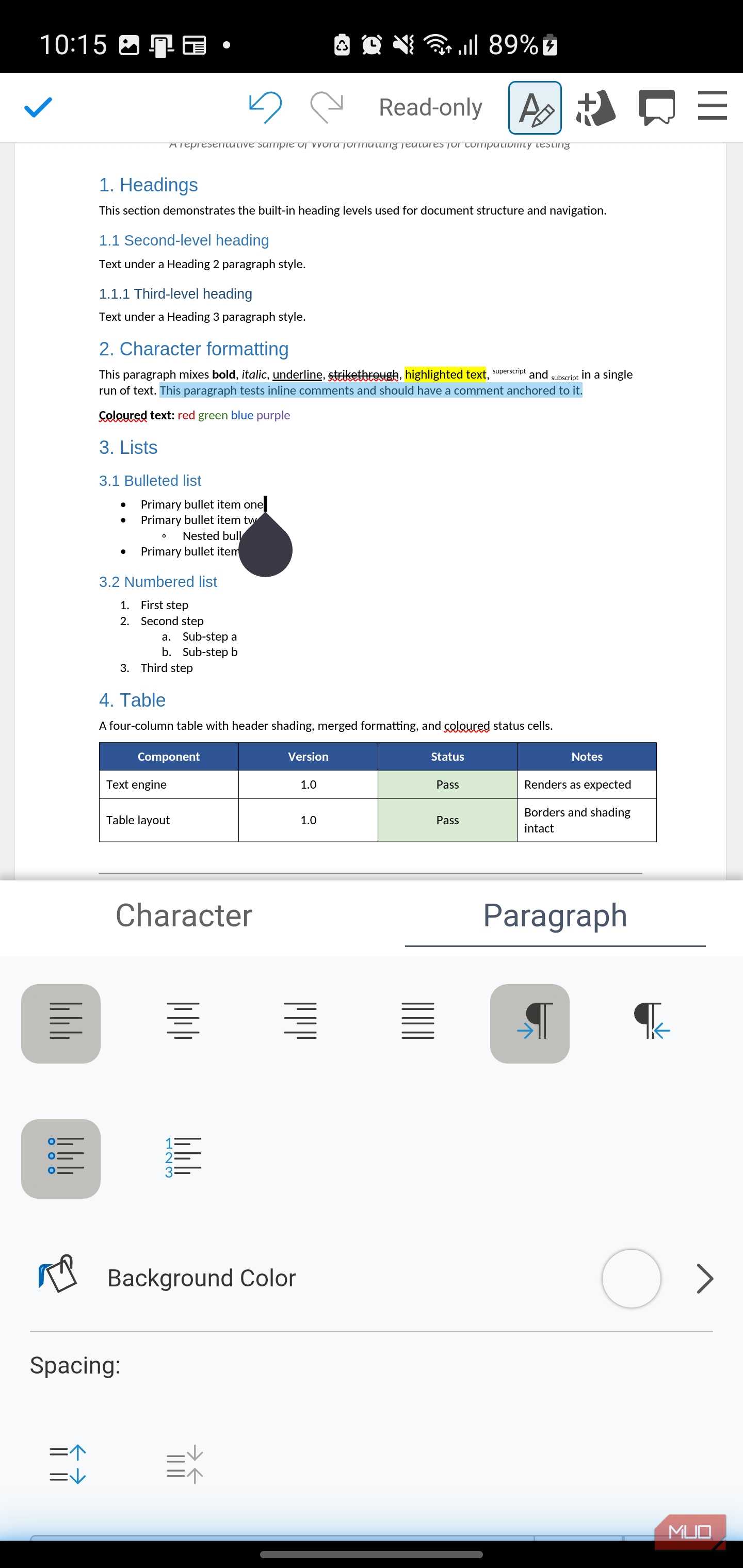 Document formatting and paragraph settings interface