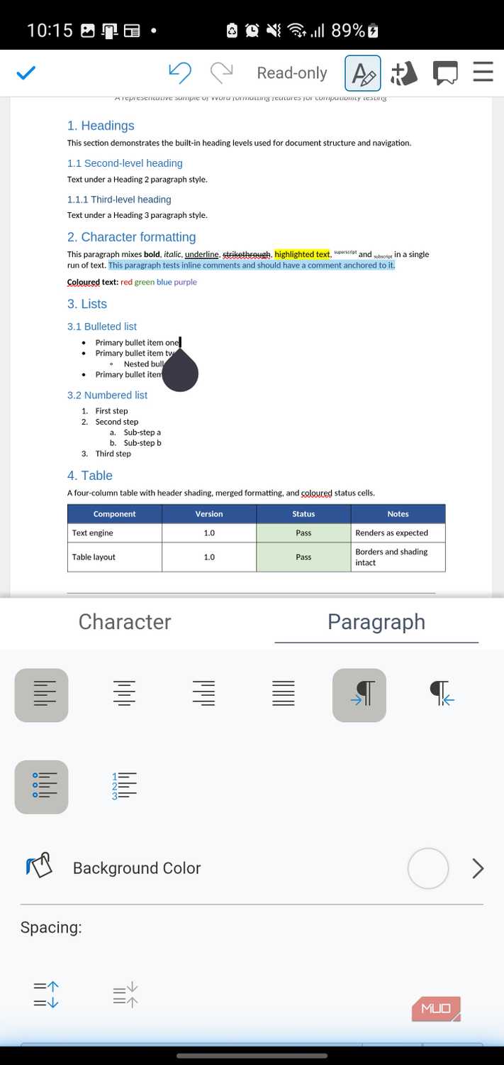 Document formatting and paragraph settings interface