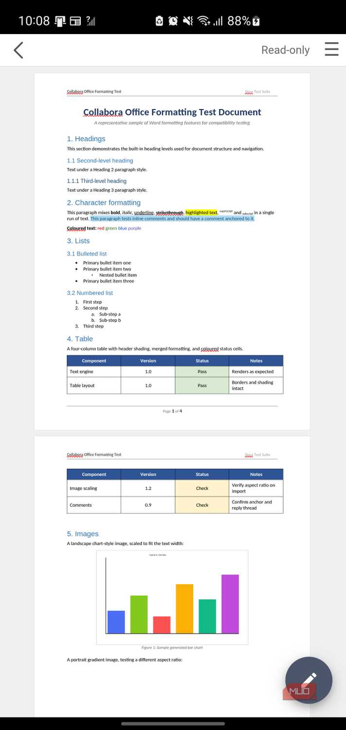 Document formatting test with headings and lists