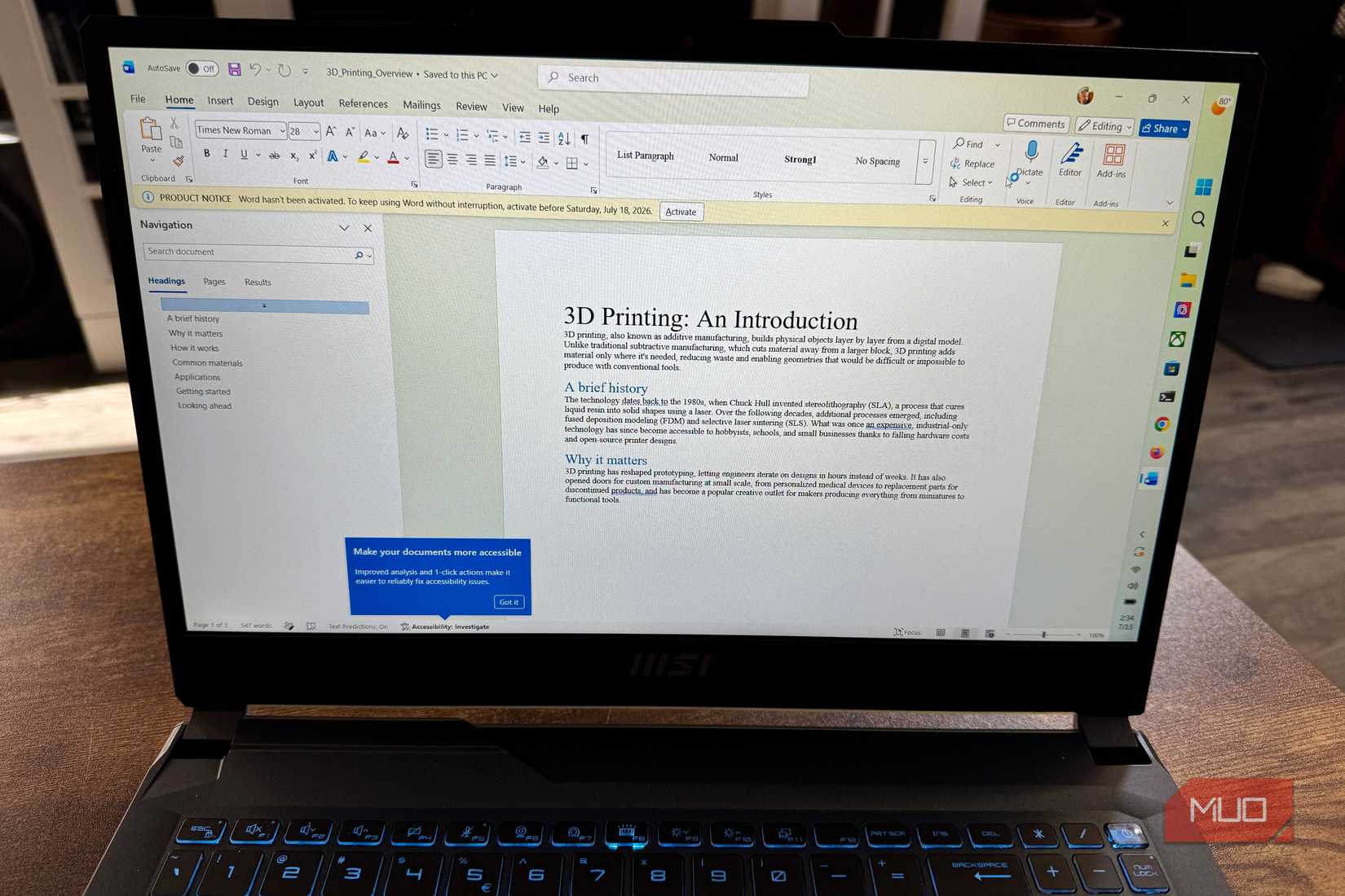 A docx file open in Word on PC