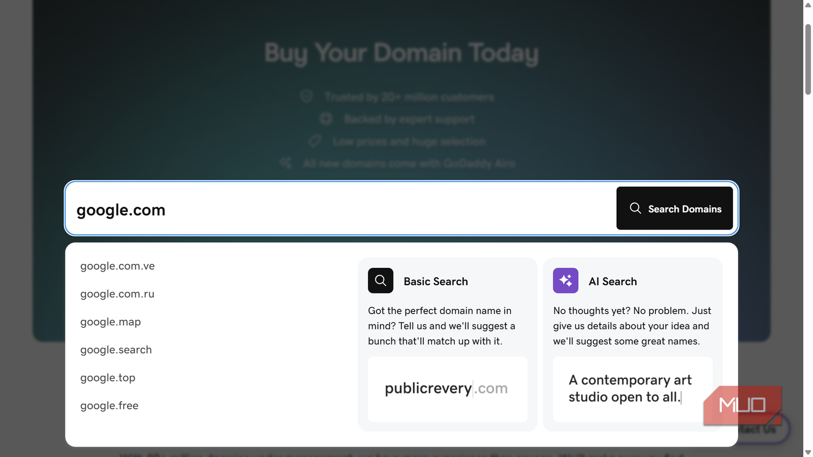 Domain name search bar with suggestions.