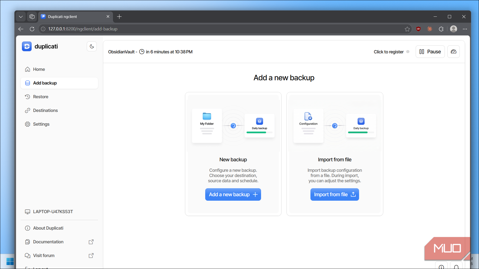 Duplicati add backup screen on the web interface