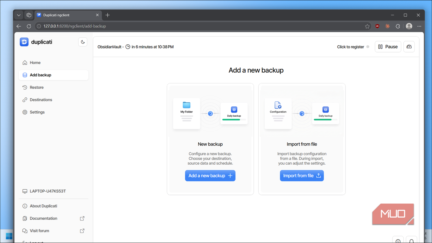 Duplicati add backup screen on the web interface