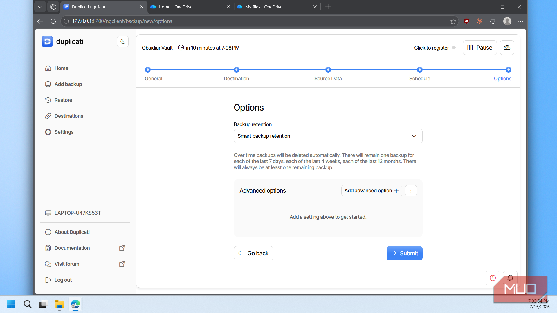 Duplicati backup options retention