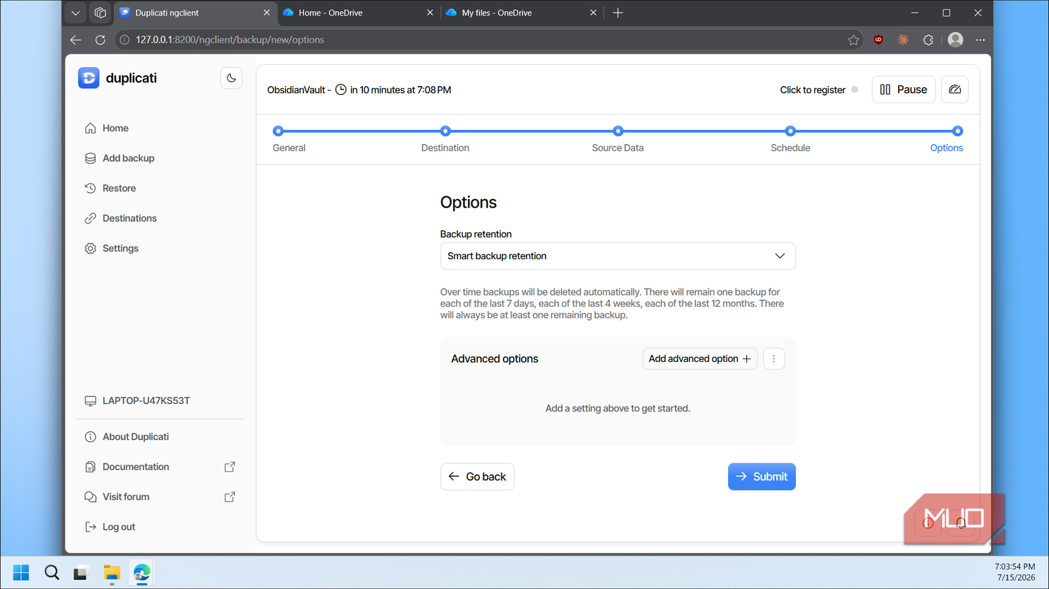 Duplicati backup options retention