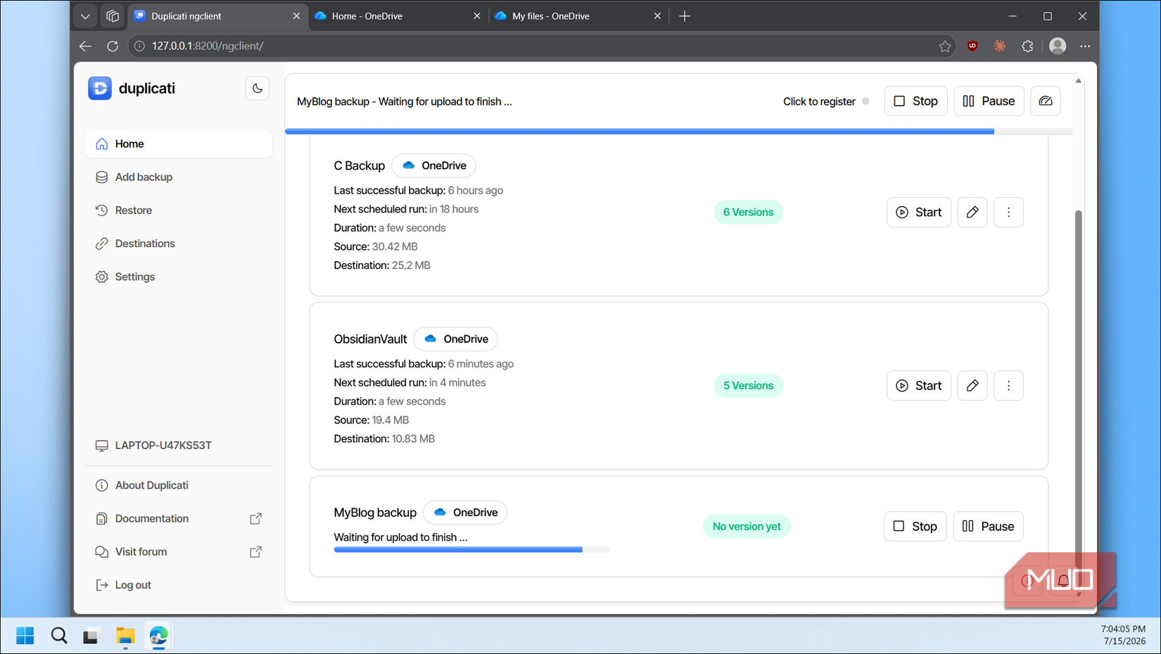 Duplicati home backup jobs list