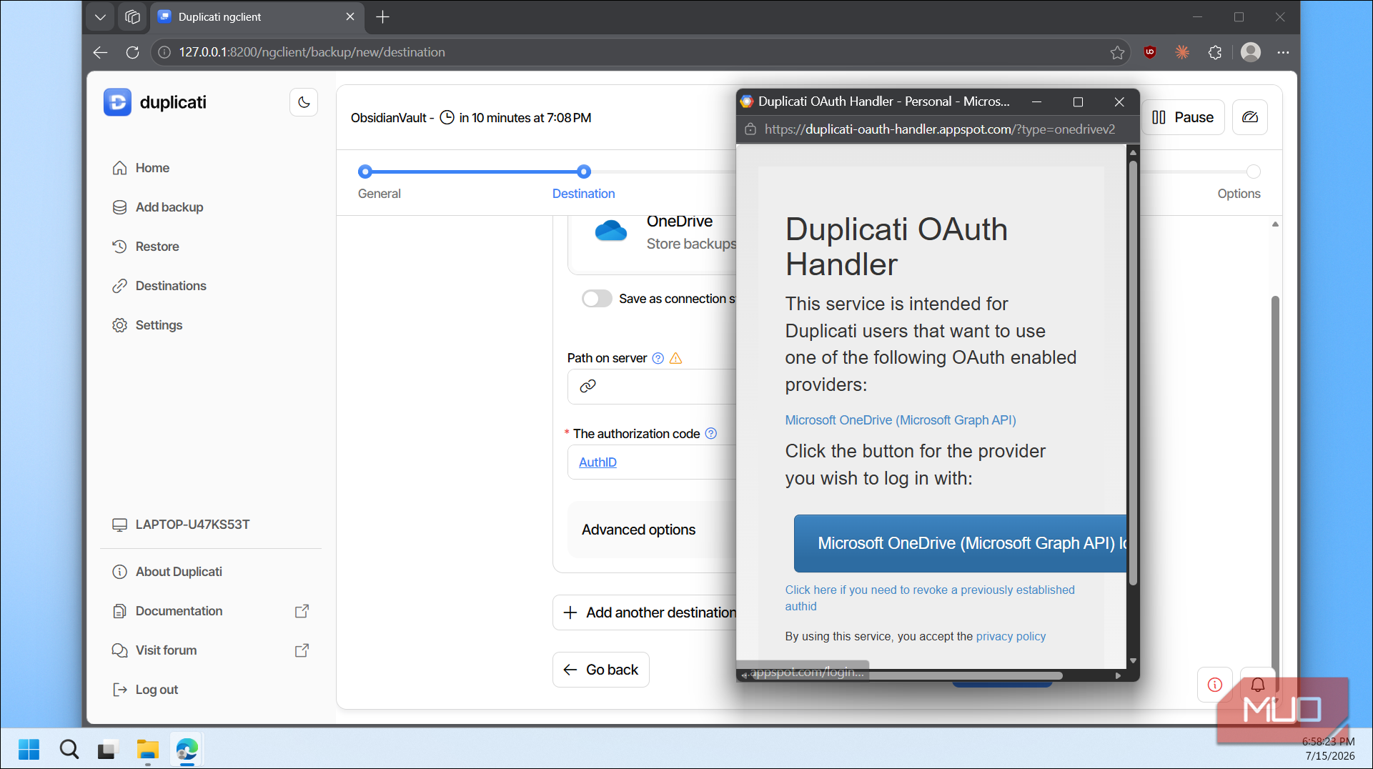 Duplicati OAuth handler OneDrive login