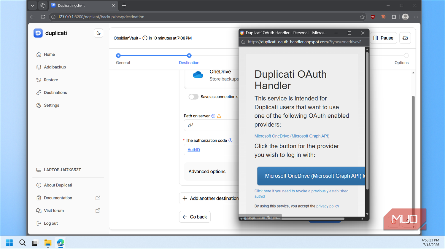 Duplicati OAuth handler OneDrive login