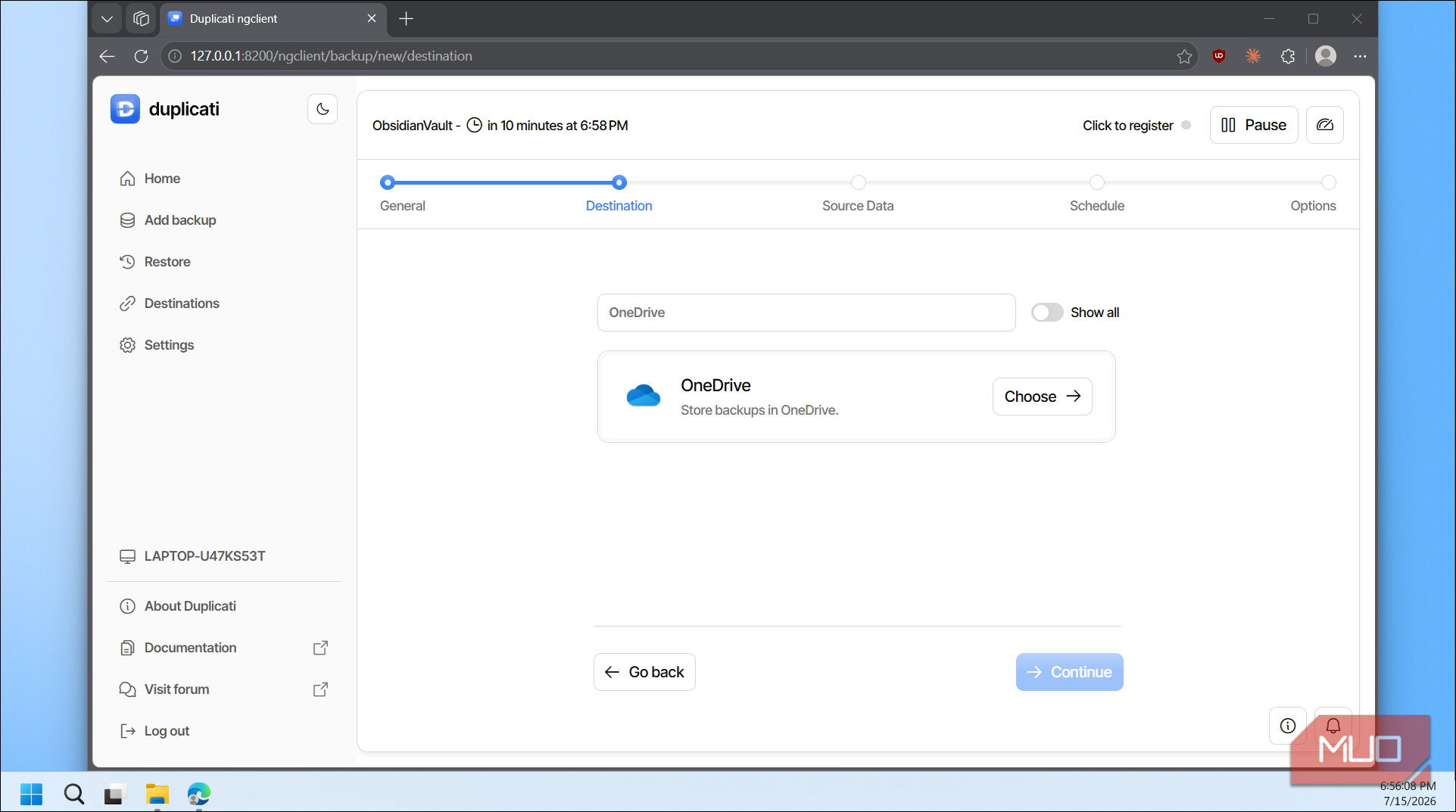 Duplicati OneDrive destination selected