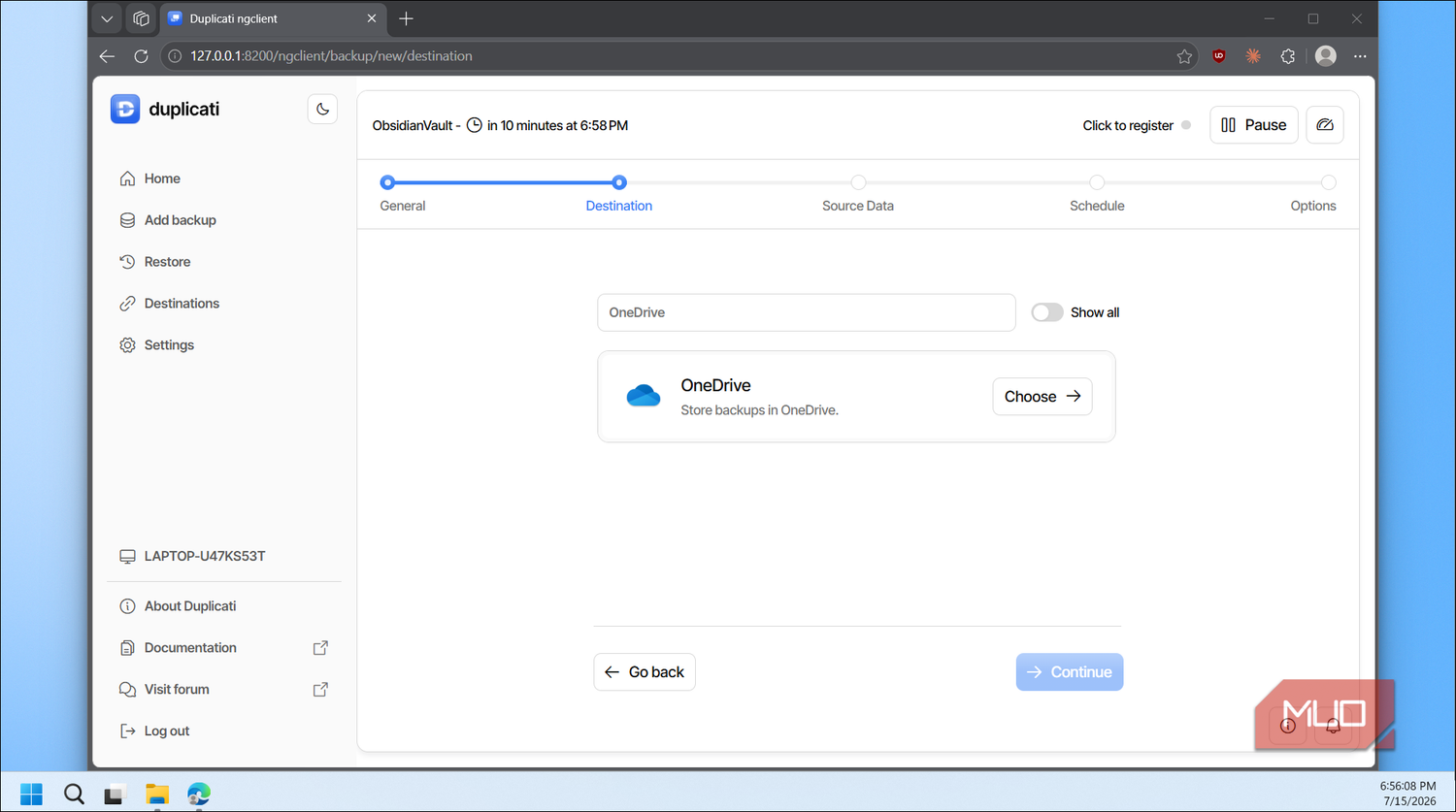 Duplicati OneDrive destination selected