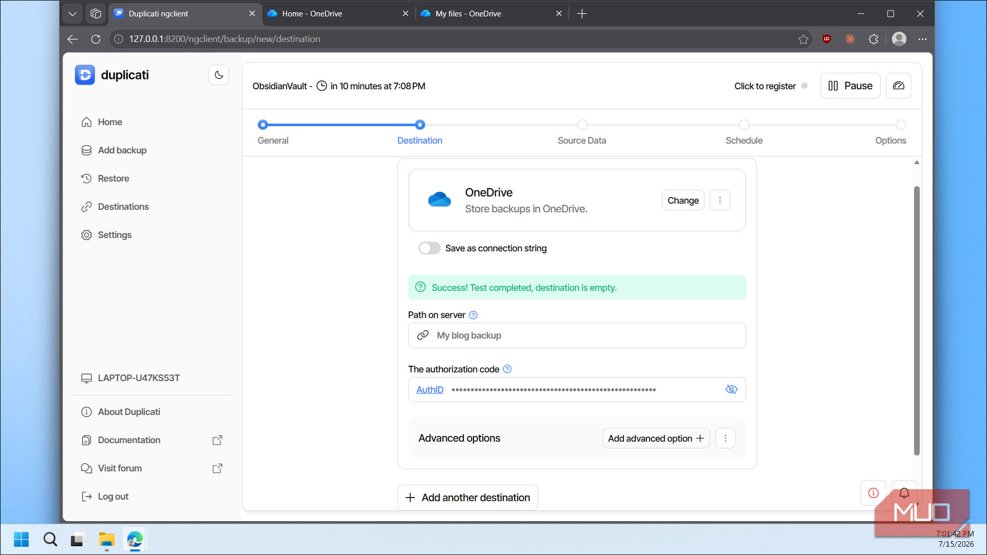 Duplicati OneDrive destination test success
