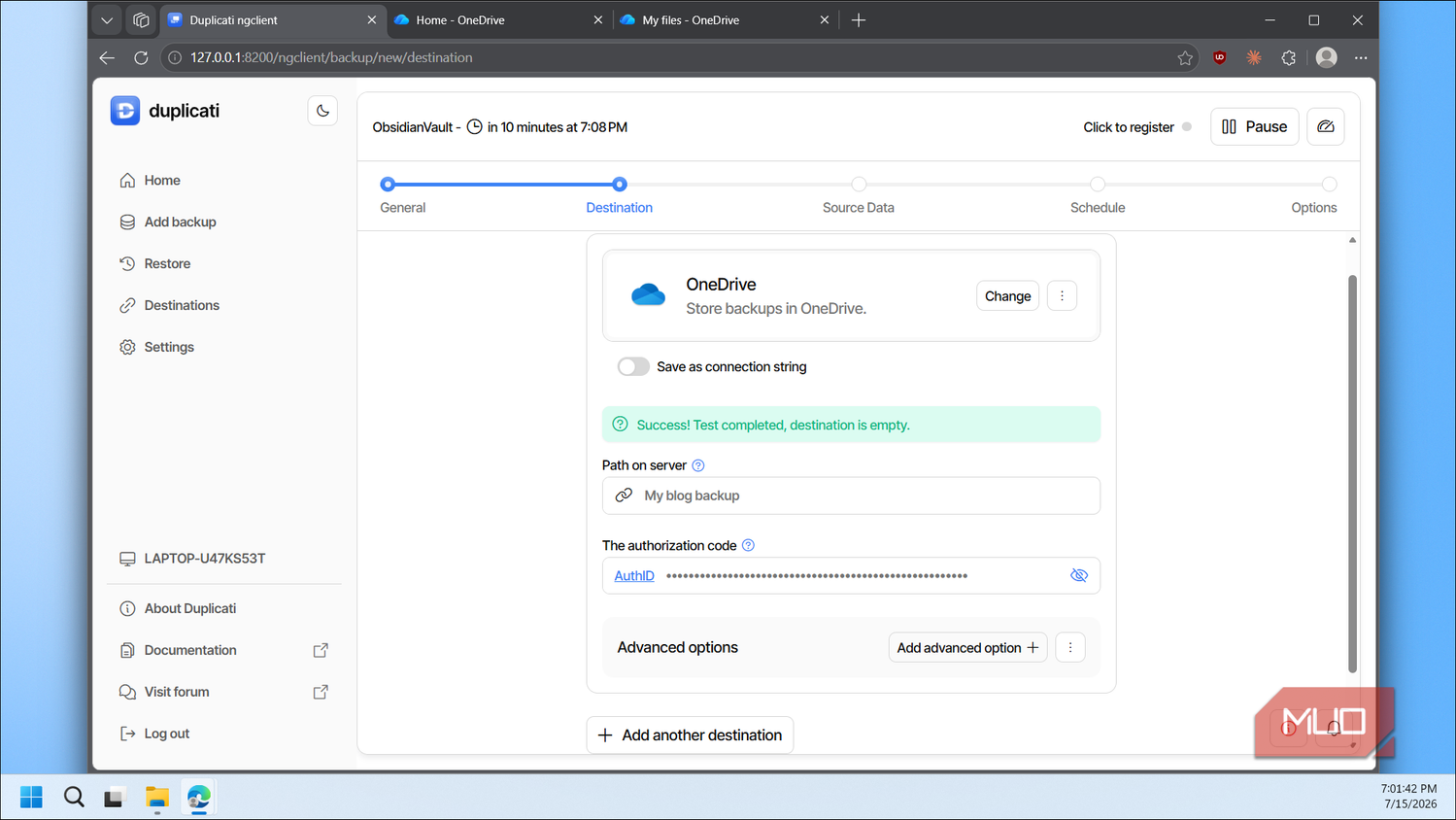 Duplicati OneDrive destination test success