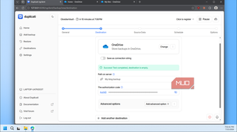 Duplicati OneDrive destination test success