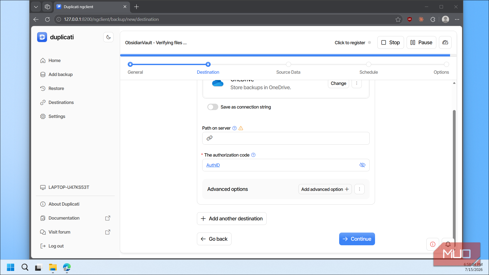 Duplicati OneDrive path and auth code fields