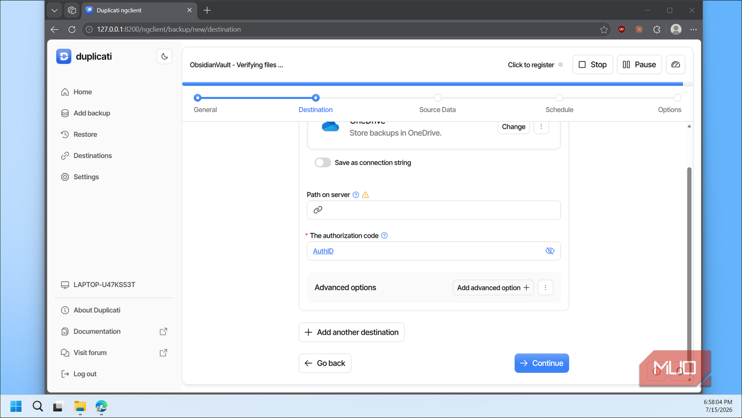 Duplicati OneDrive path and auth code fields