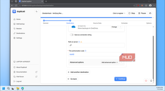 Duplicati OneDrive path and auth code fields