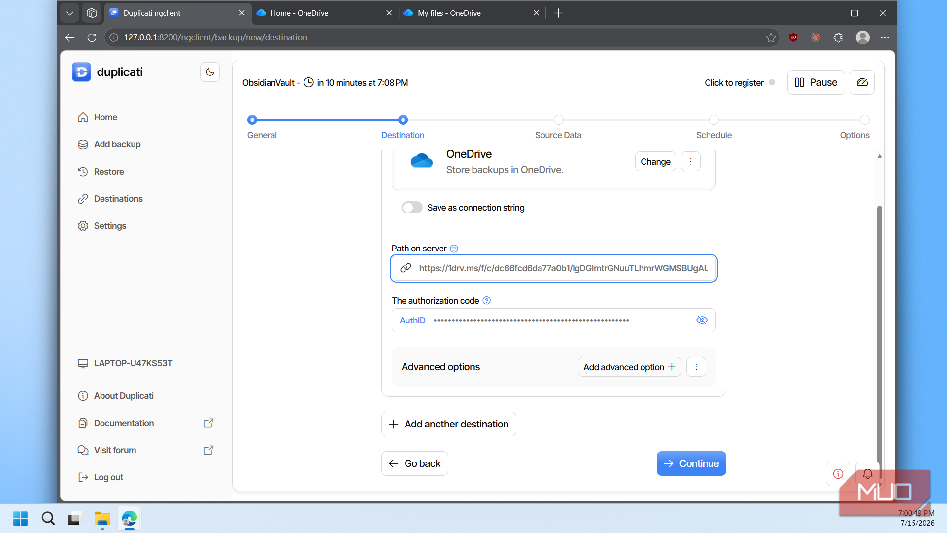 Duplicati OneDrive path link and auth filled