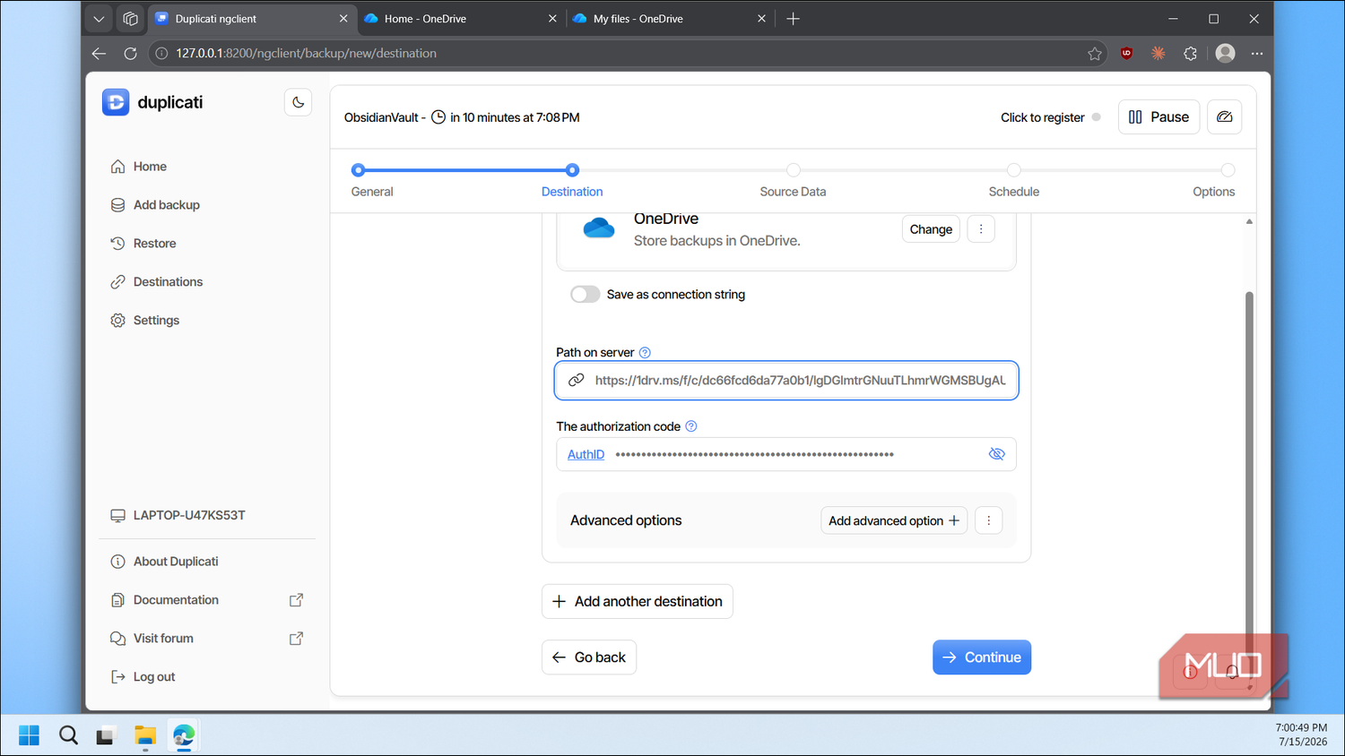 Duplicati OneDrive path link and auth filled