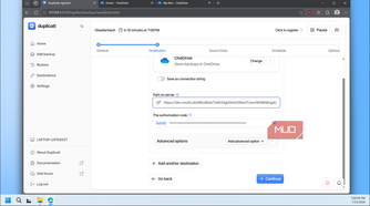 Duplicati OneDrive path link and auth filled