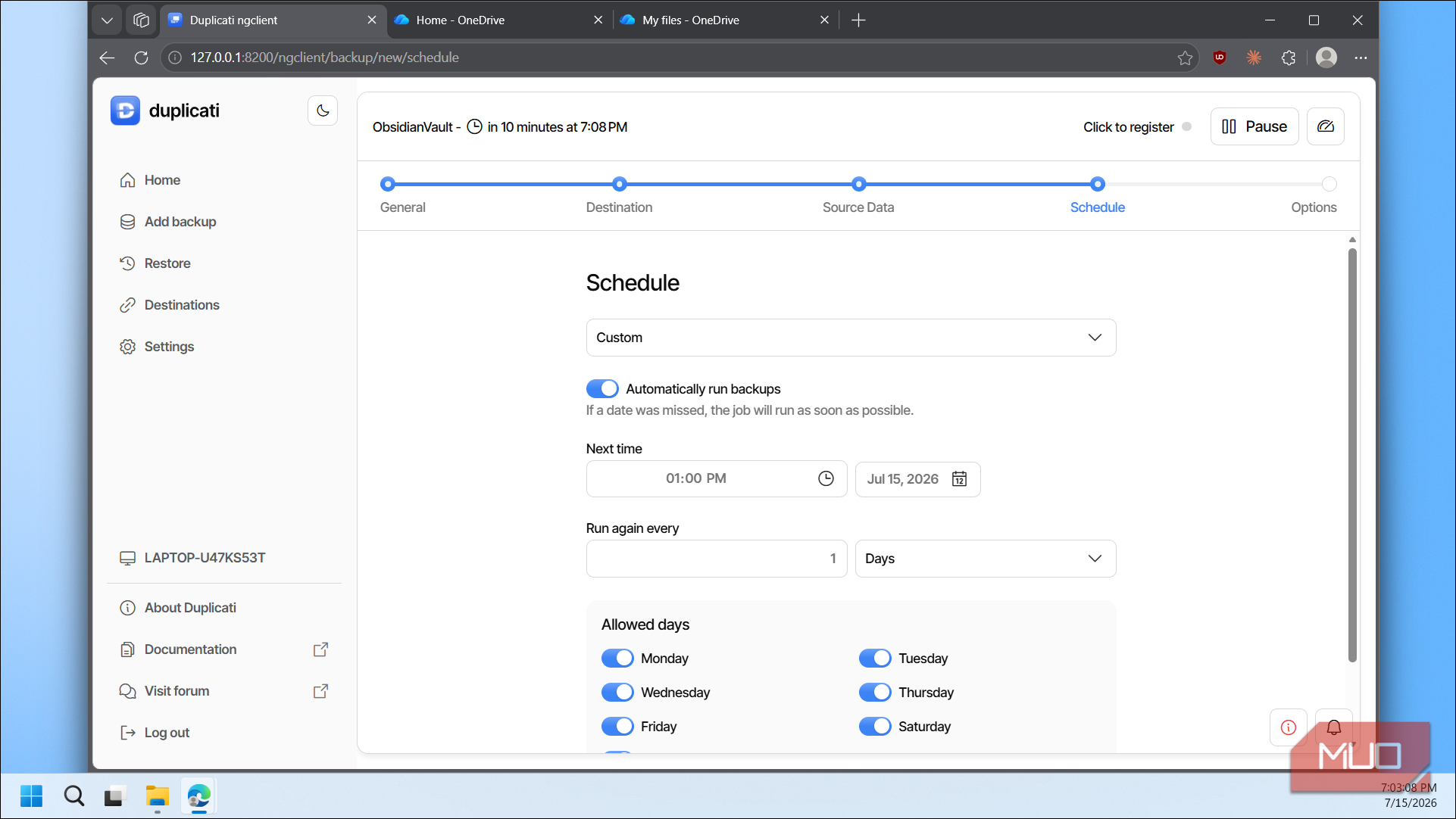 Duplicati schedule settings