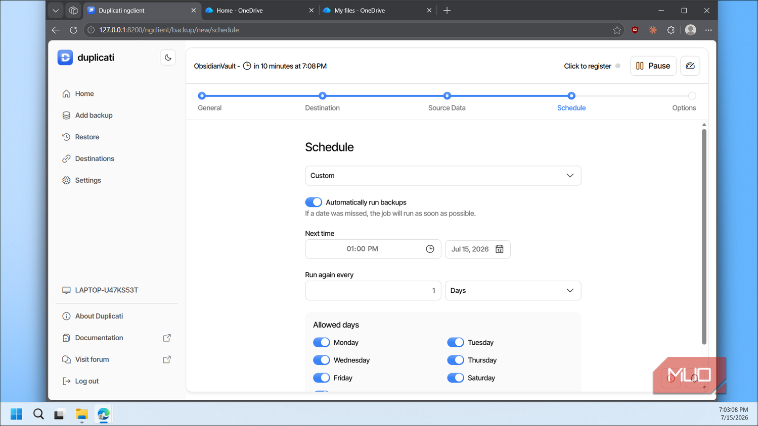 Duplicati schedule settings