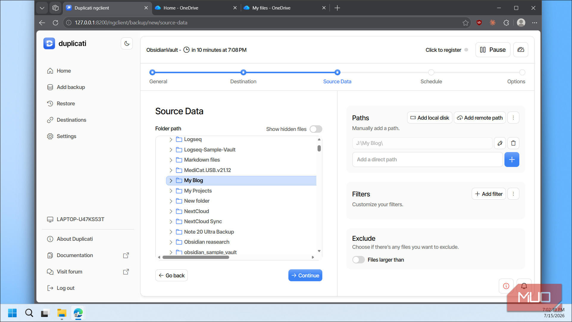 Duplicati source data folder selection