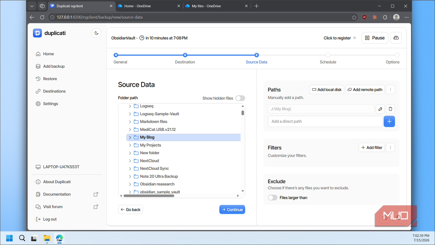 Duplicati source data folder selection