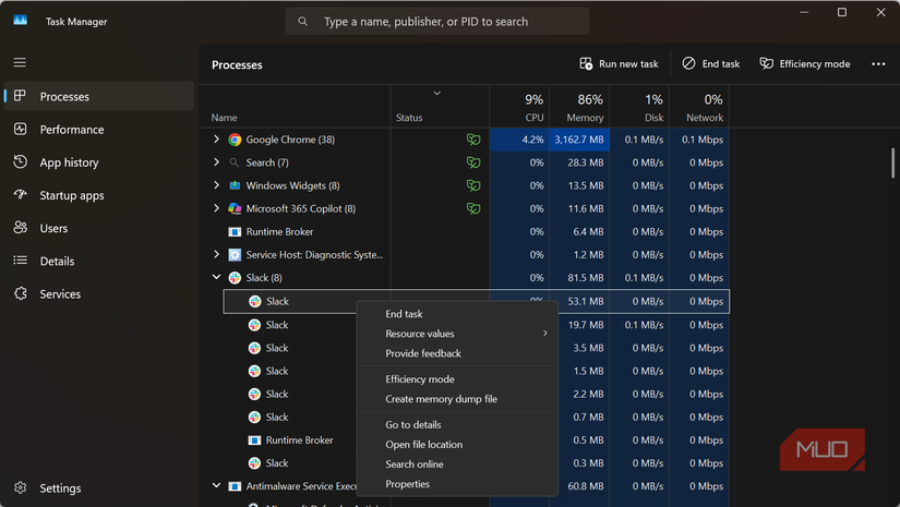 Efficiency mode on Windows