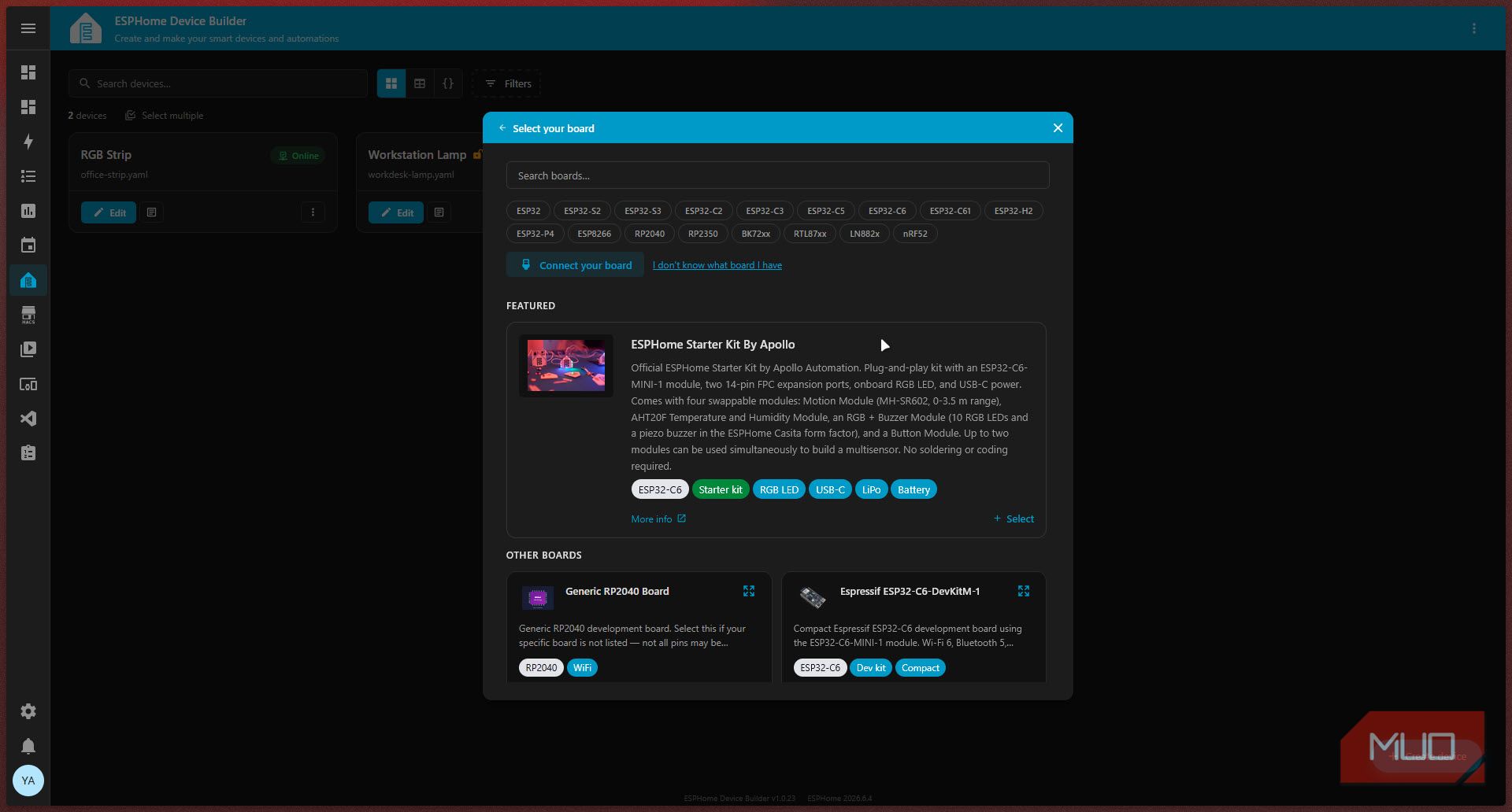 ESPHome board selection screen.