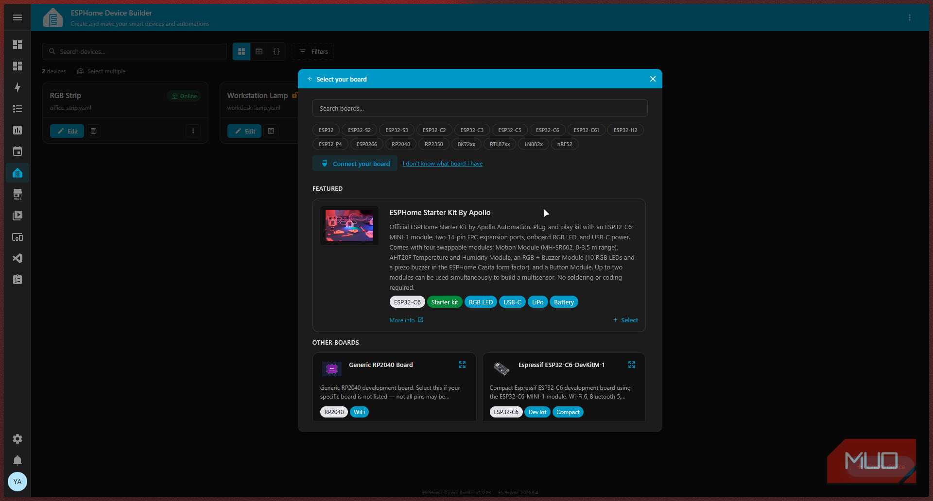 ESPHome board selection screen.