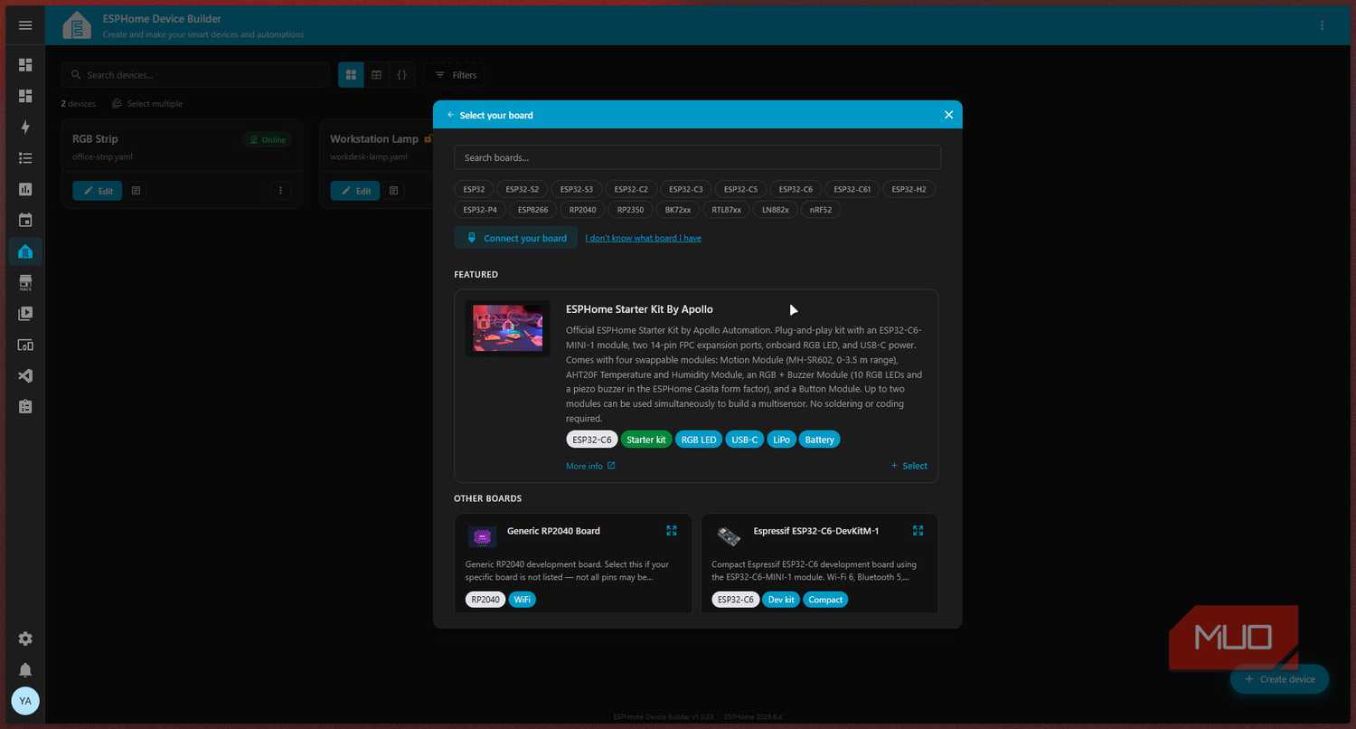 ESPHome board selection screen.
