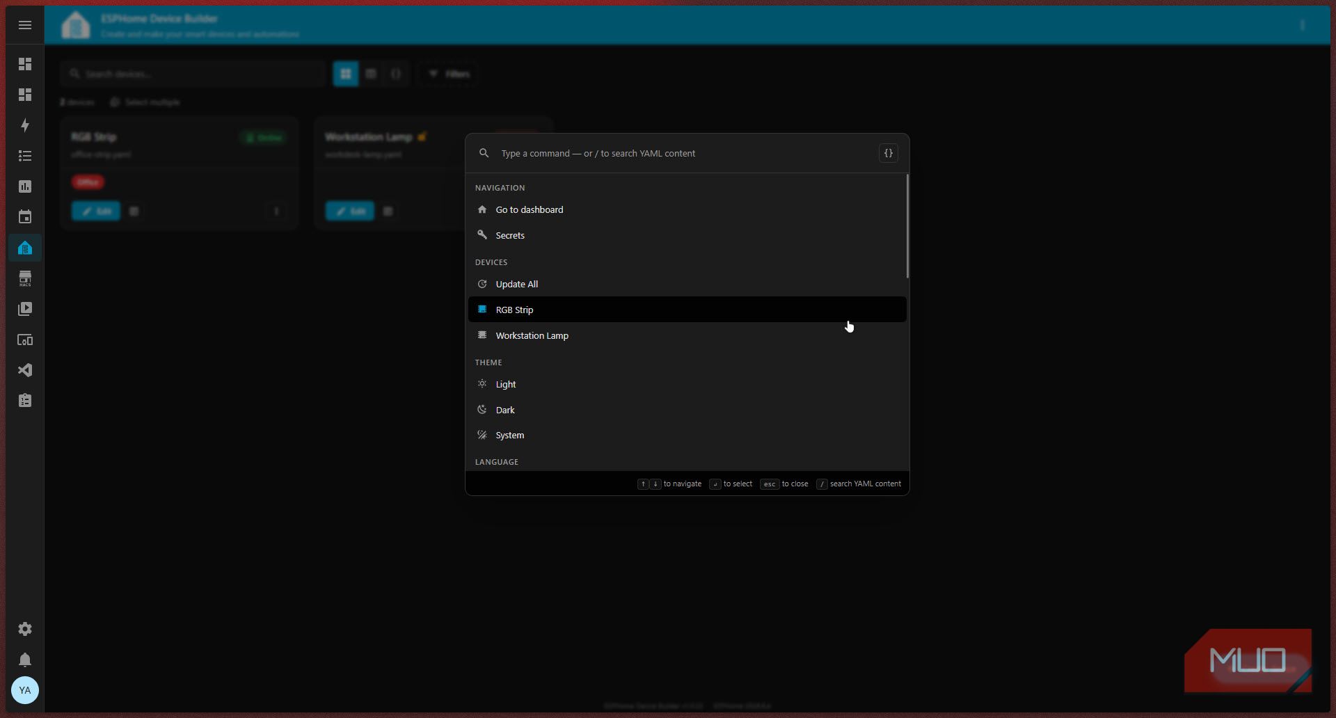 ESPHome command palette.
