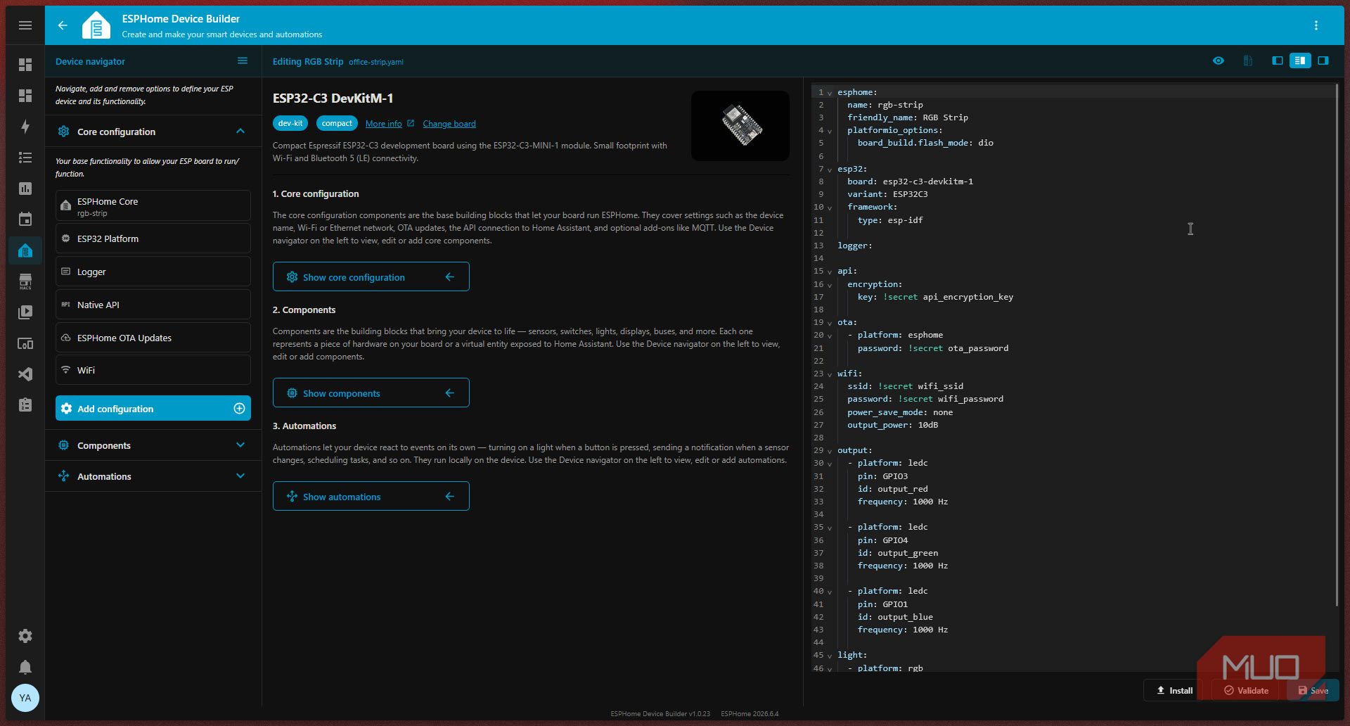 ESPHome device yaml page split view.