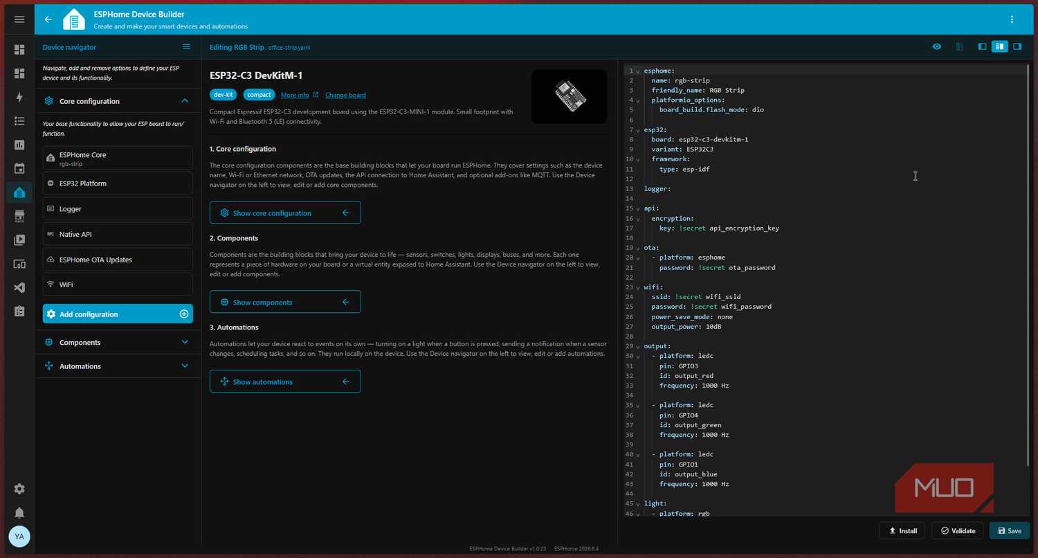 ESPHome device yaml page split view.