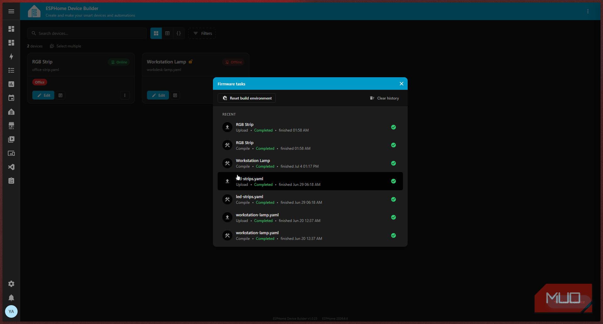 ESPHome firmware task history.