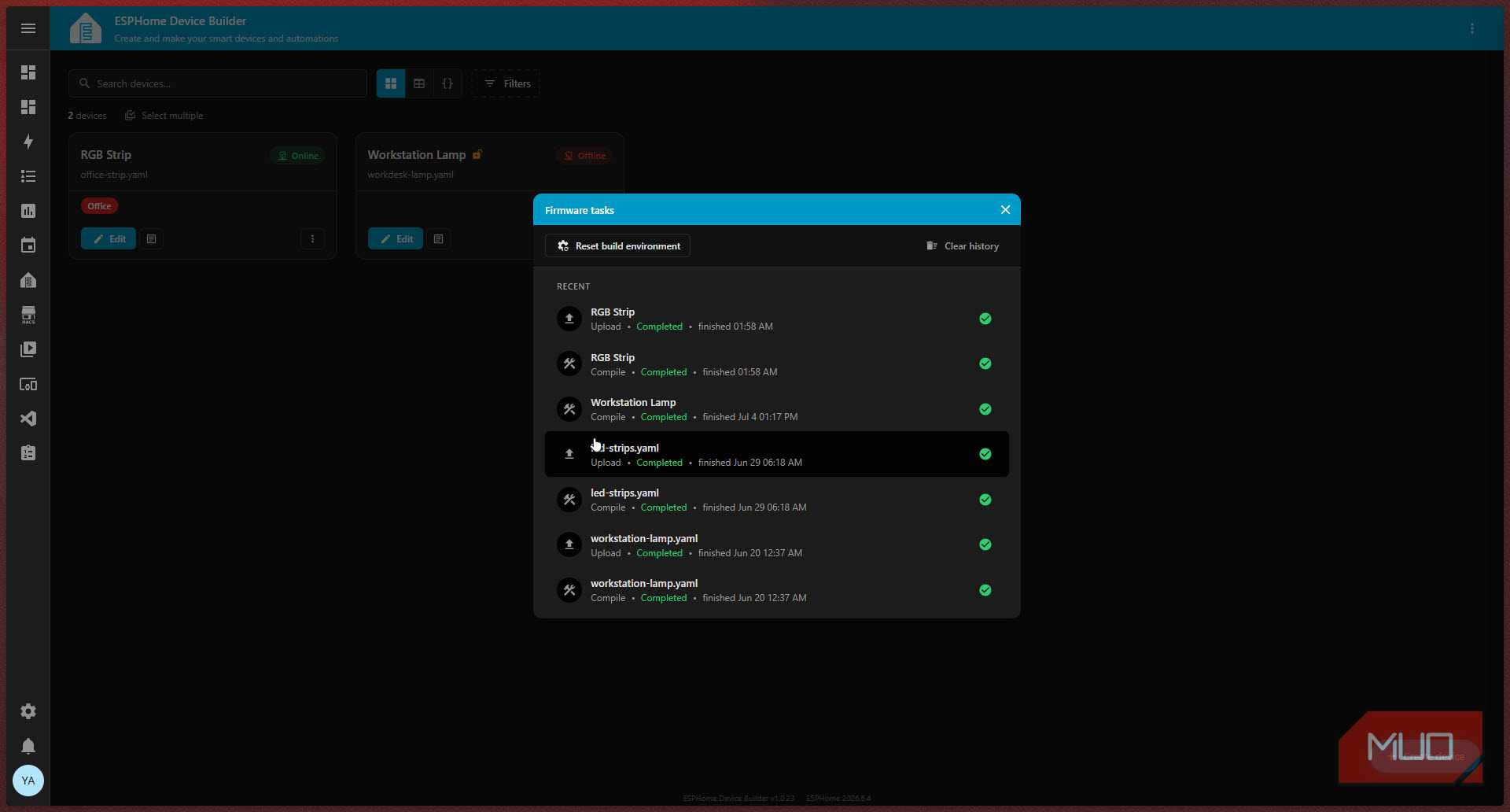 ESPHome firmware task history.