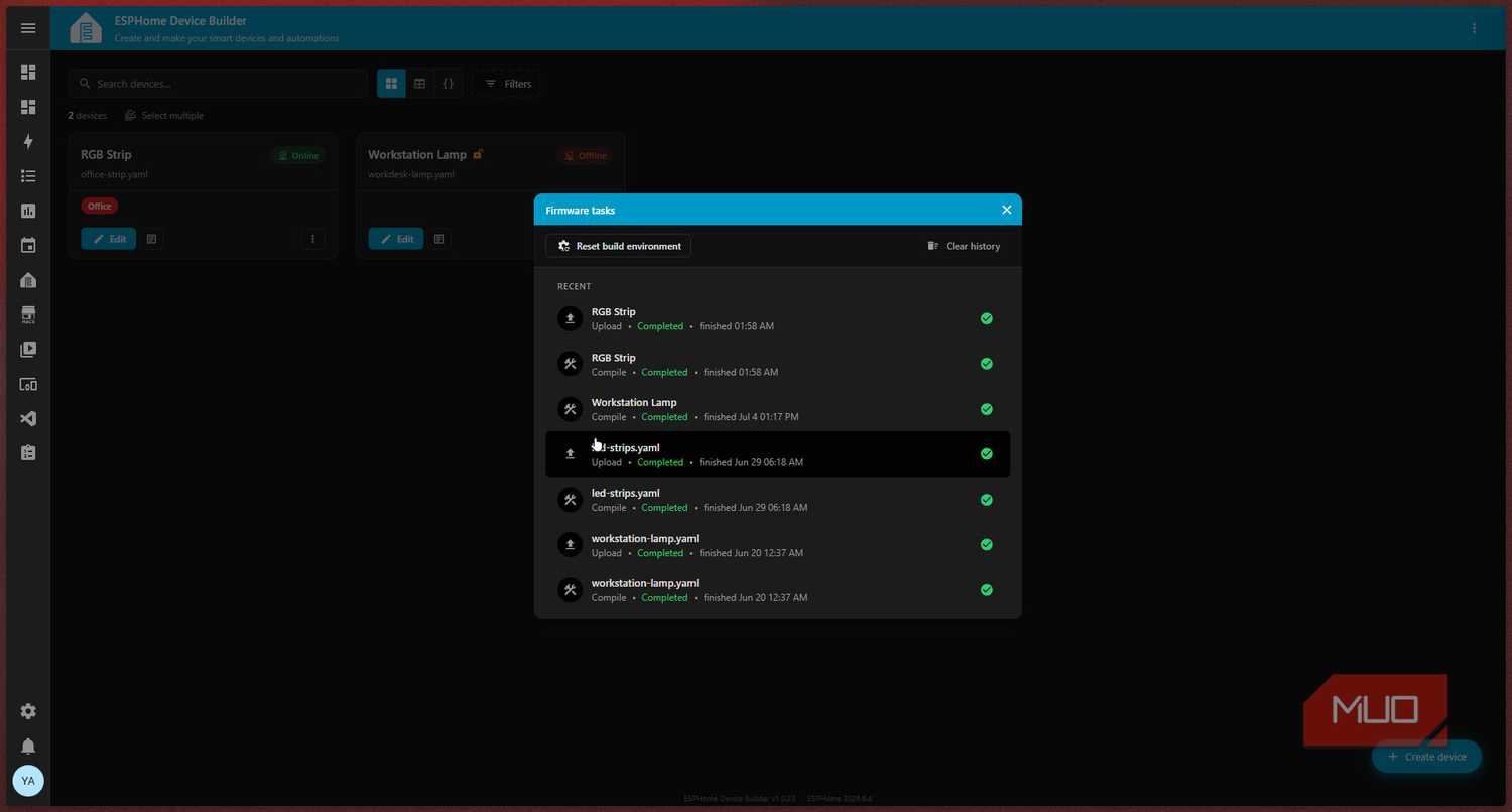 ESPHome firmware task history.
