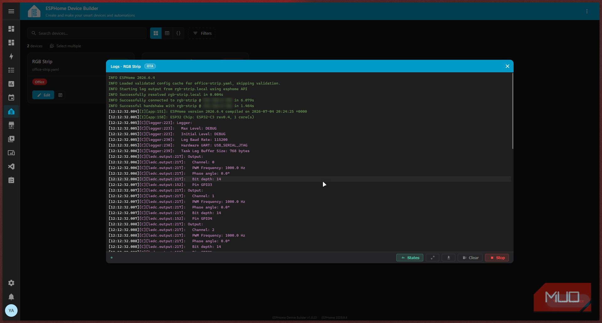 ESPHome logs display.