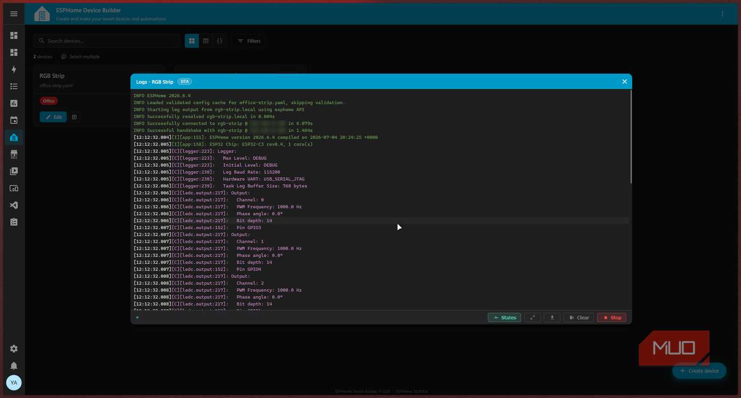 ESPHome logs display.