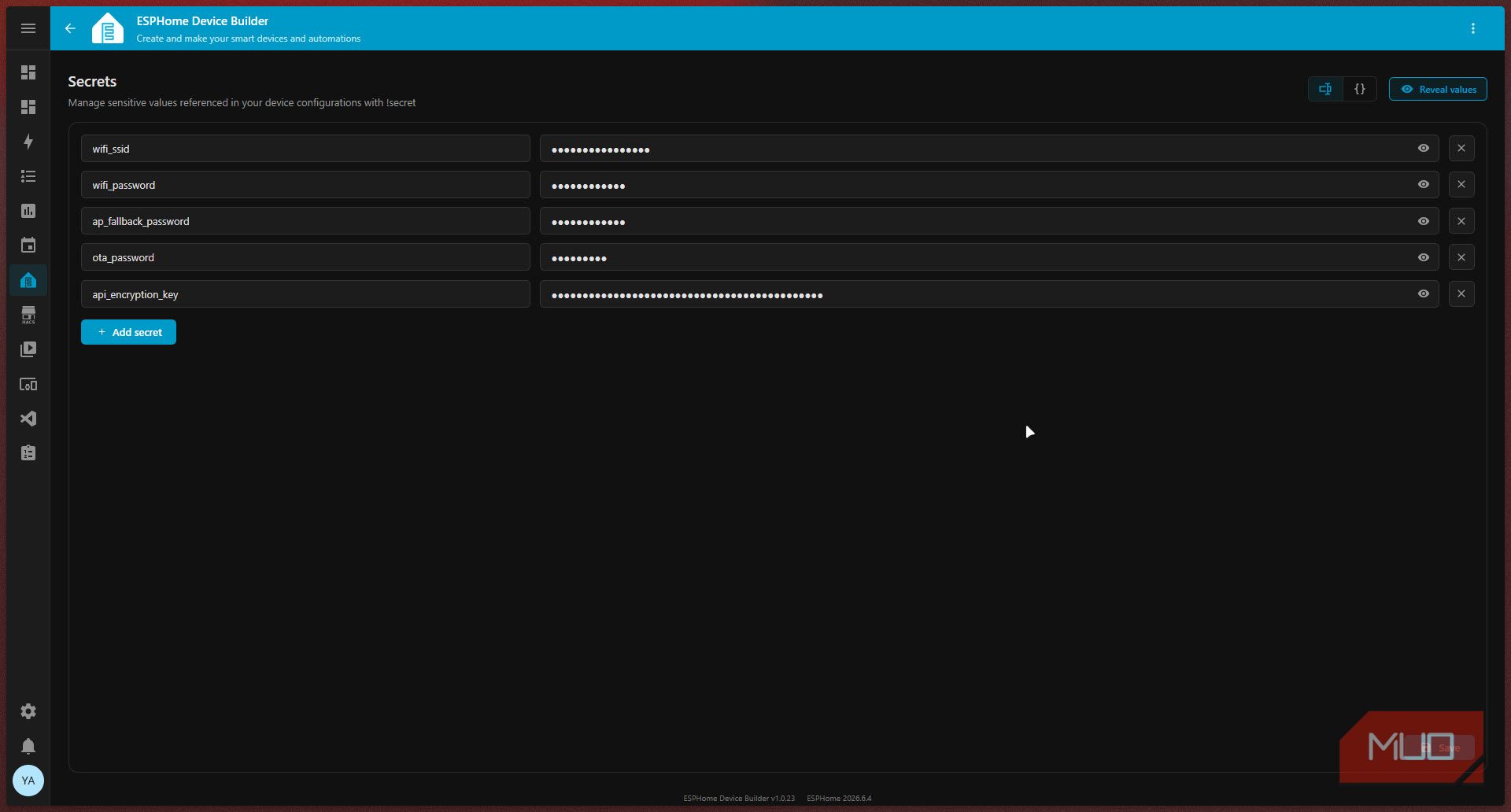 ESPHome secrets screen with credentials.