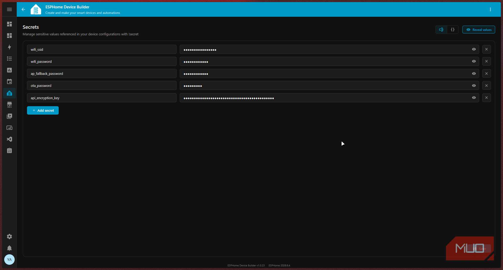 ESPHome secrets screen with credentials.