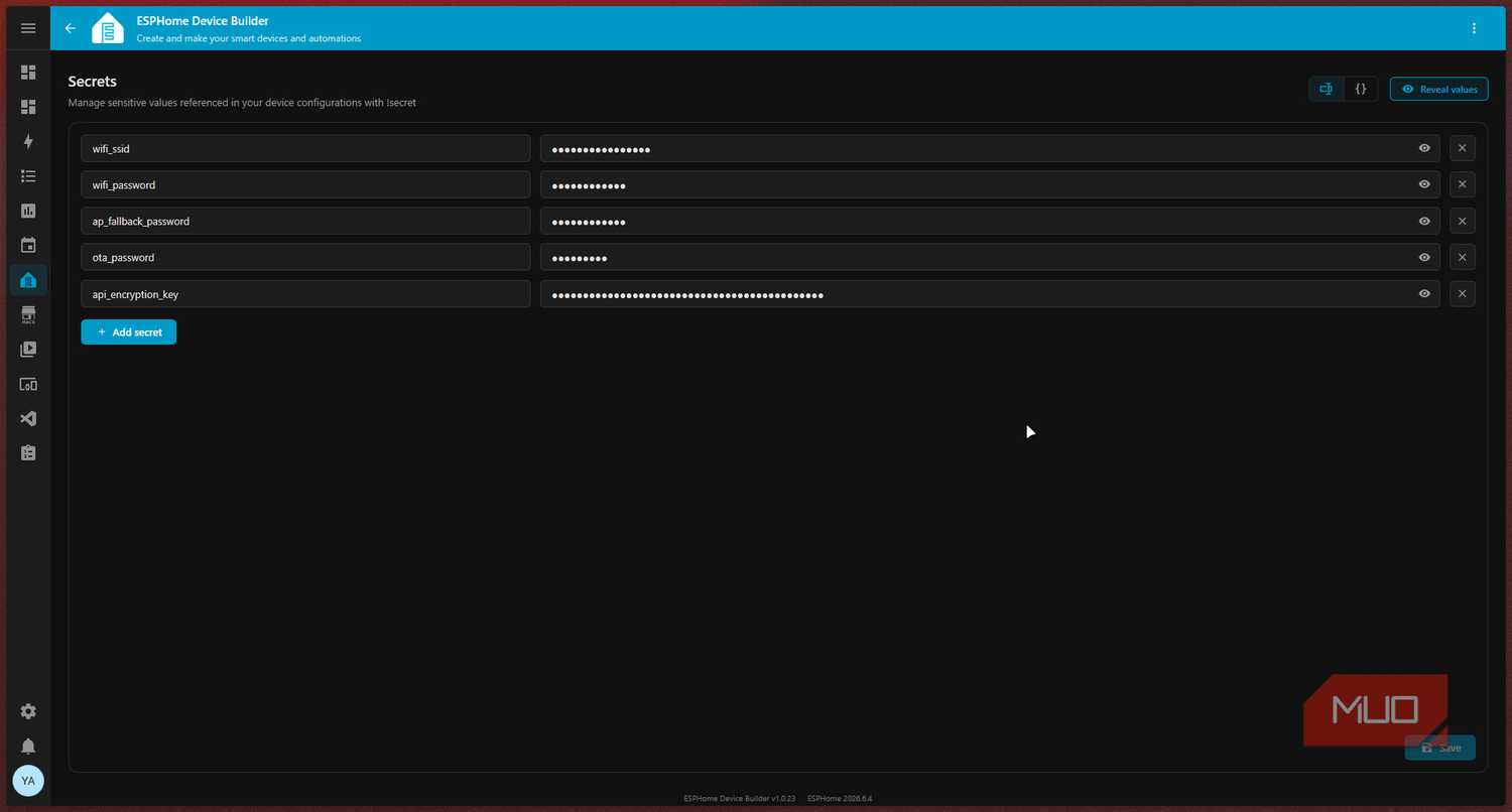 ESPHome secrets screen with credentials.